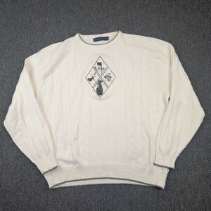 Pinnacle Vintage Golf Embroidered Sweater L Cream Cotton Made in USA Preppy 90s